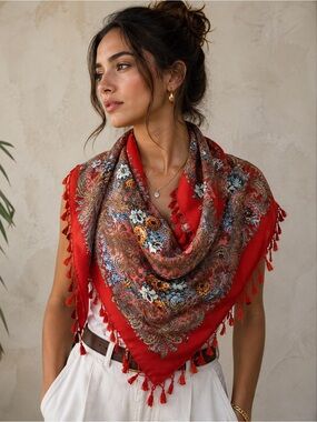 Large Red Ornate Tassel Square Scarf 36x36 Red Floral Baroque Boho Luxe Shawl